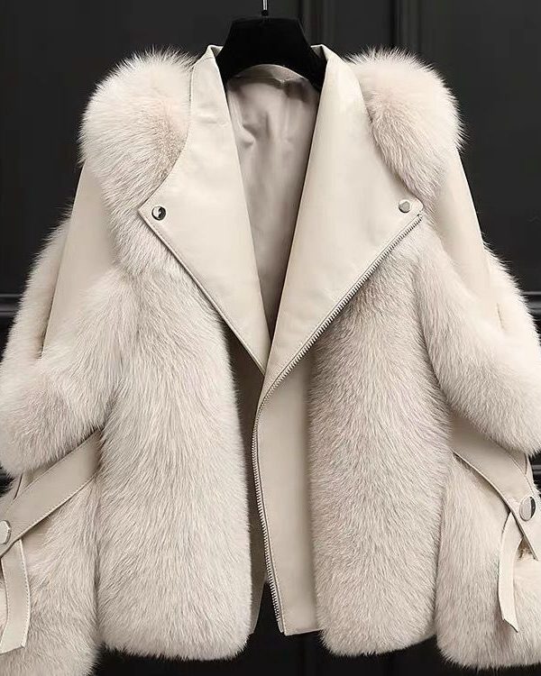 One-piece Fur Motorcycle Coat Long Wool Coat
