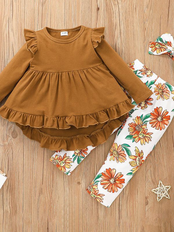 Girls' Lotus Leaf Lace Skirt And Trousers Suit