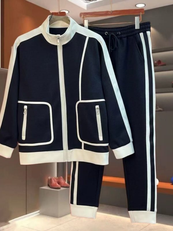 Mens Casual Color-block Long-sleeve Stand-collar Jacket And Slim-fit Jogger Pants Set