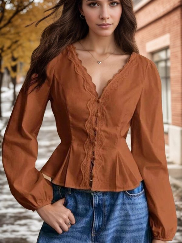 Lace-trimmed Long-sleeve Shirt With Multiple Buttons