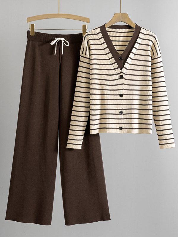 Fake Two-Piece Knitted Cardigan Top And Wide-Leg Pants Set