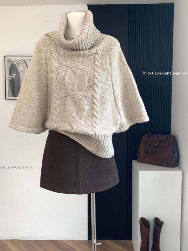FallWinter Loose Turtleneck Knit Top And Wool Skirt Womens Set