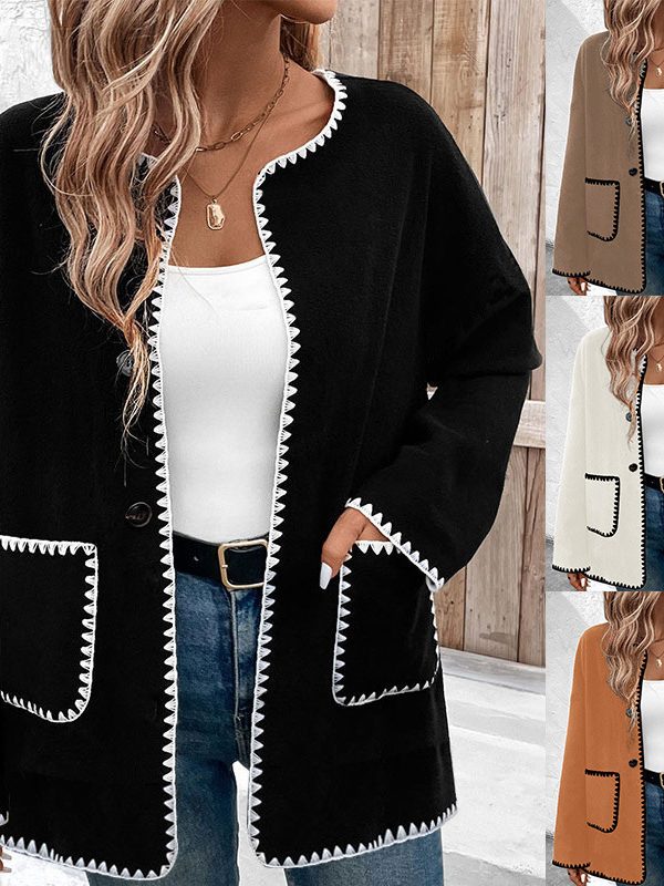 Loose Color Matching Long Sleeve Pocket Coat Women
